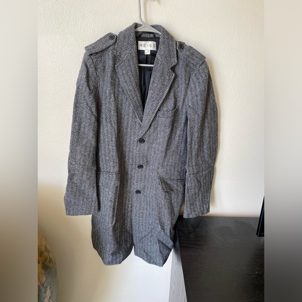 Reiss Women’s Single Breasted Houndstooth Wool Coat Size Xl Wool Trench Pea Coat
